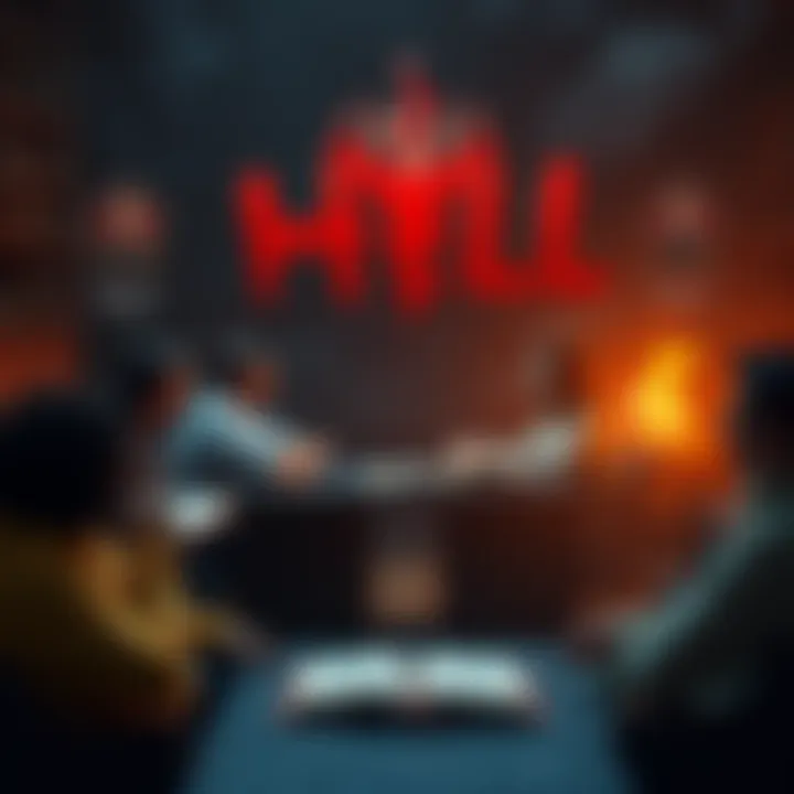 A group of people discussing theories about hell, surrounded by books and spiritual symbols.