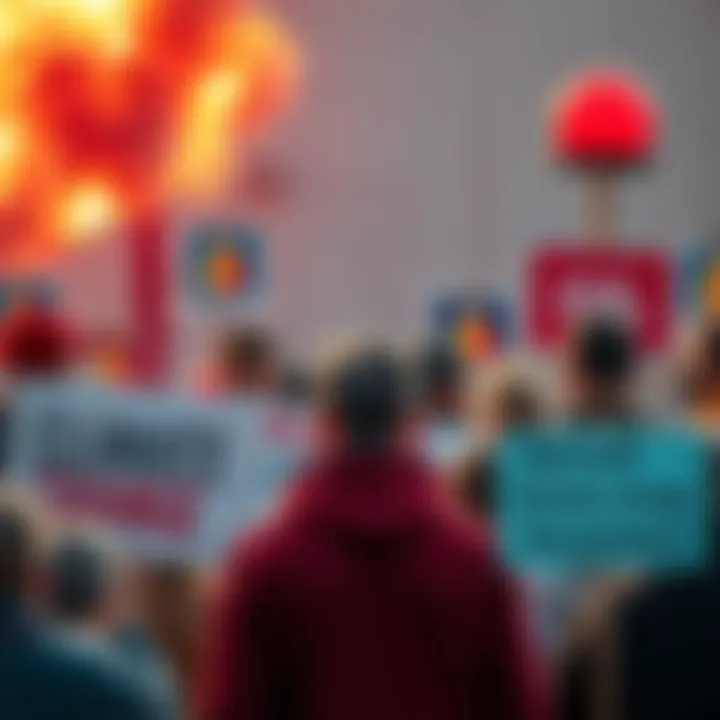 A group of people discussing climate change issues, with oil company logos in the background. Some people hold signs advocating for environmental responsibility.