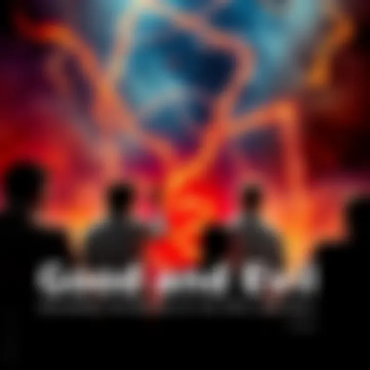 Debate on Good and Evil A group of people discussing the nature of morality, surrounded by symbols representing good and evil, like light and dark.