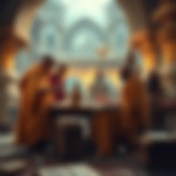 Theravada monks and Brahmanical scholars engaged in a discussion, surrounded by ancient texts and scrolls.