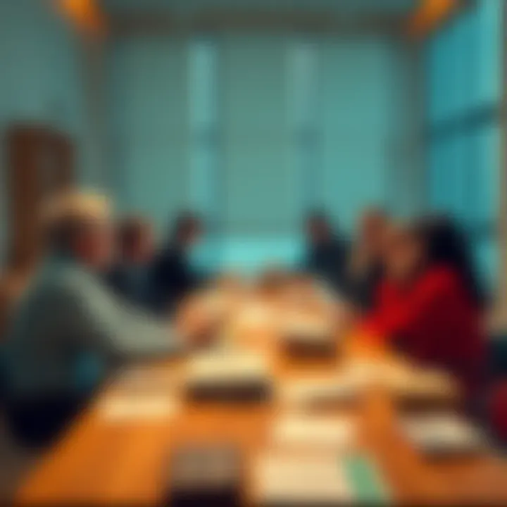 Debating Dualism A group of people discussing philosophical ideas in a bright room, with books and papers spread out on the table.