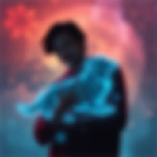 A person peacefully interacting with a glowing outline of a deceased pet in a dreamy, colorful background