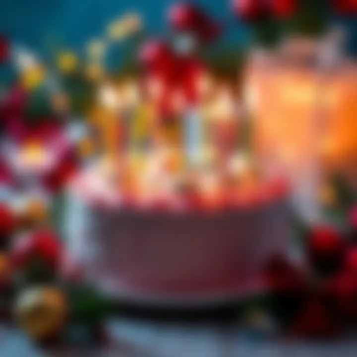 Celebrating December Birthdays A festive birthday cake with candles surrounded by holiday decorations like lights and ornaments