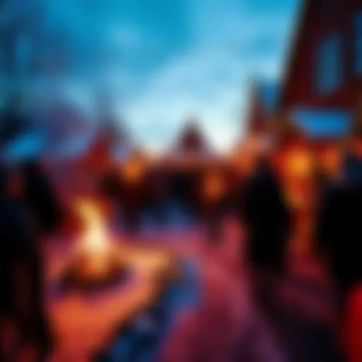 People celebrating the December solstice with bonfires and traditional dances in a festive setting