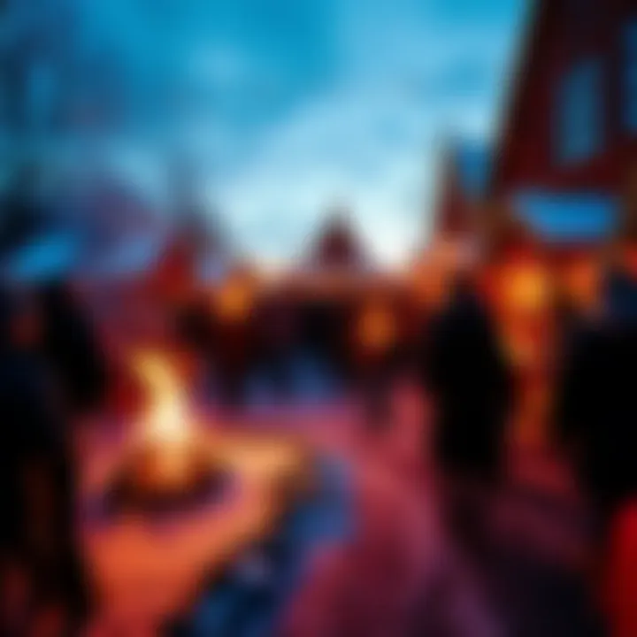 People celebrating the December solstice with bonfires and traditional dances in a festive setting