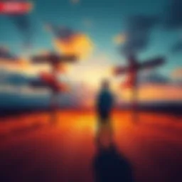 Person considering different paths A person standing at a crossroads looking at multiple signposts pointing in various directions, symbolizing decision-making choices