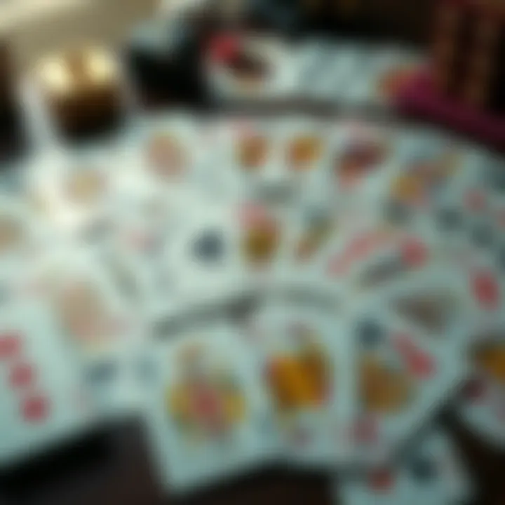 A colorful deck of playing cards spread out on a table, showcasing unique designs and illustrations.