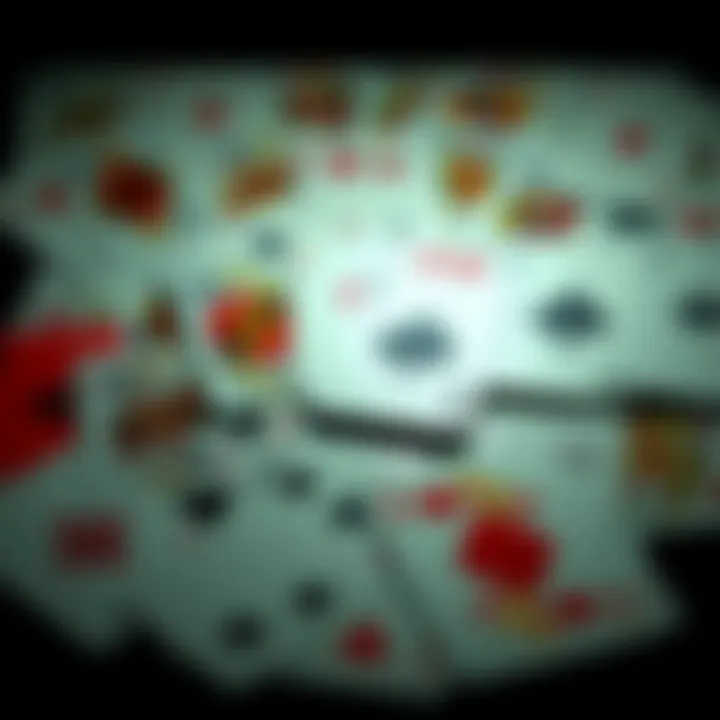 A collection of various playing cards spread out, some showing unique designs and others plain, suggesting they may not belong to the same set.