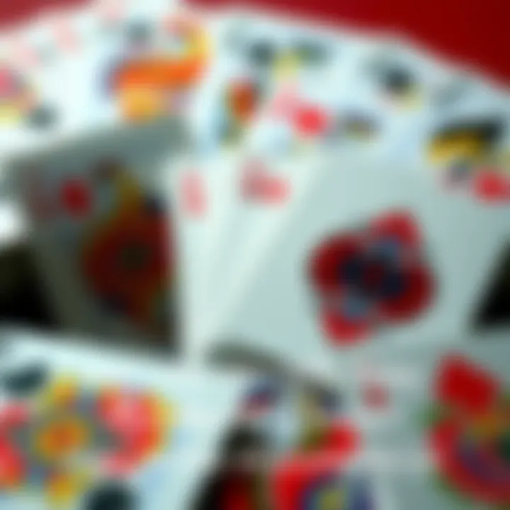 A close-up view of a unique deck of playing cards with colorful designs on the back