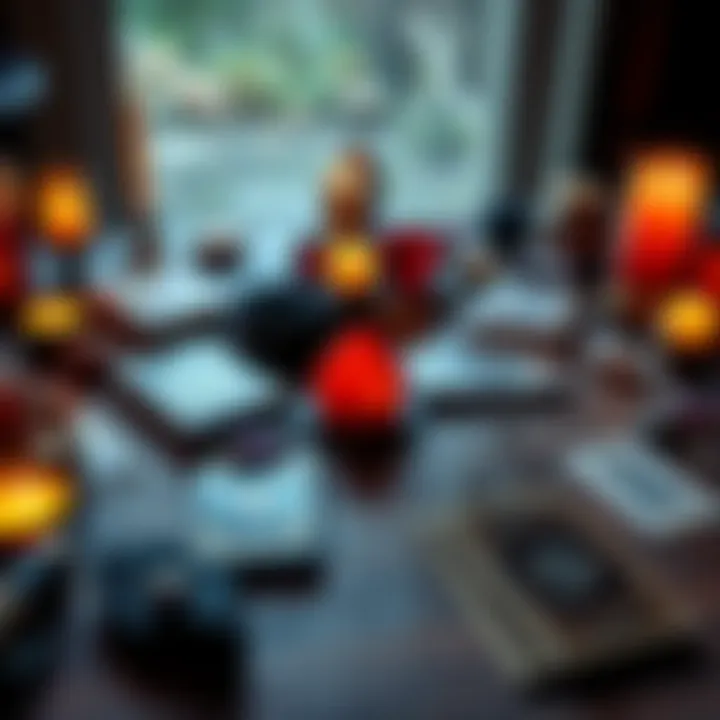 A collection of tarot and oracle decks spread out on a table, surrounded by crystals and candles, illustrating tools for self-reflection and personal growth.