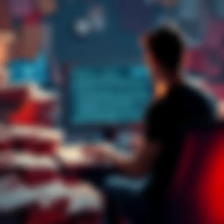 A person surrounded by stacks of papers filled with coded messages, looking at a computer screen with decoding software open.