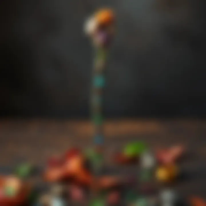 A tall Twin Vine Druid Staff adorned with colorful stones and nature symbols, standing on a wooden surface surrounded by leaves.