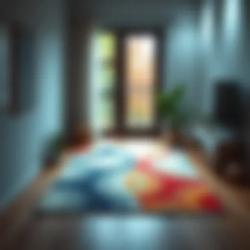 A stylish rug placed in a small room with a balcony door, enhancing the space's decor.