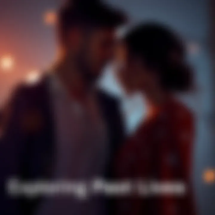 Two people connecting on a deep level A man and a woman standing close together, sharing a thoughtful gaze, symbolizing a deep connection and exploring their past lives together.