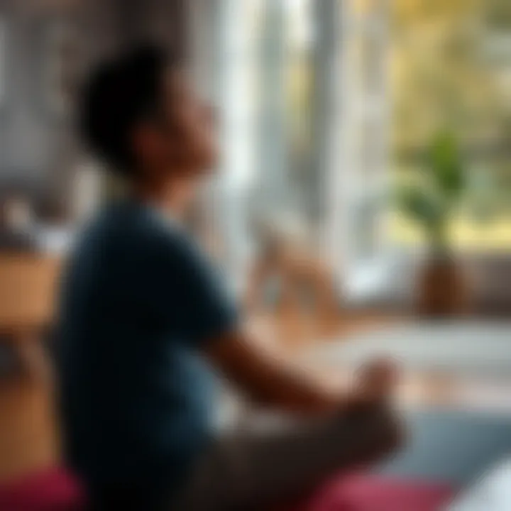 Person practicing deep breathing at home Individual sitting on a yoga mat, looking focused while trying deep breathing exercises, appearing slightly uncomfortable