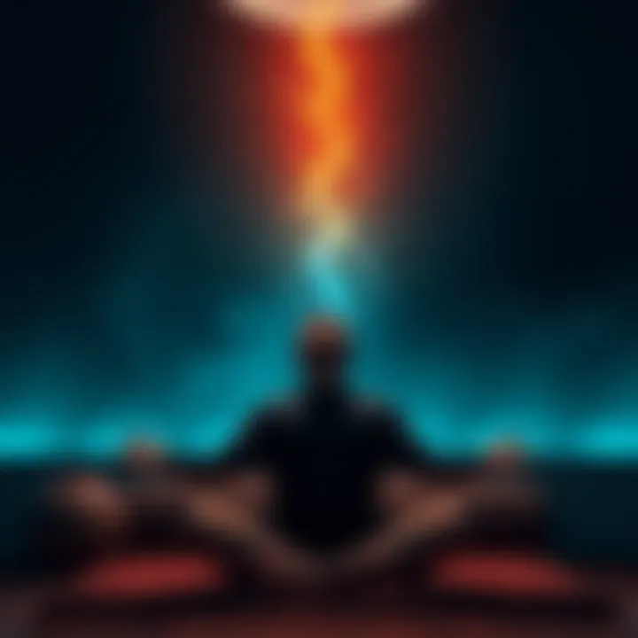 A person sitting comfortably with eyes closed, experiencing a flow of energy along their spine during deep breathing, surrounded by a calm atmosphere.