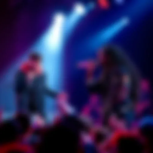 Two singers, Deep Voice Che and Deep Voice Carti, performing on stage with microphones, showcasing their unique vocal styles, surrounded by an energetic crowd.