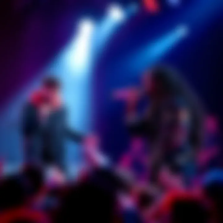 Two singers, Deep Voice Che and Deep Voice Carti, performing on stage with microphones, showcasing their unique vocal styles, surrounded by an energetic crowd.