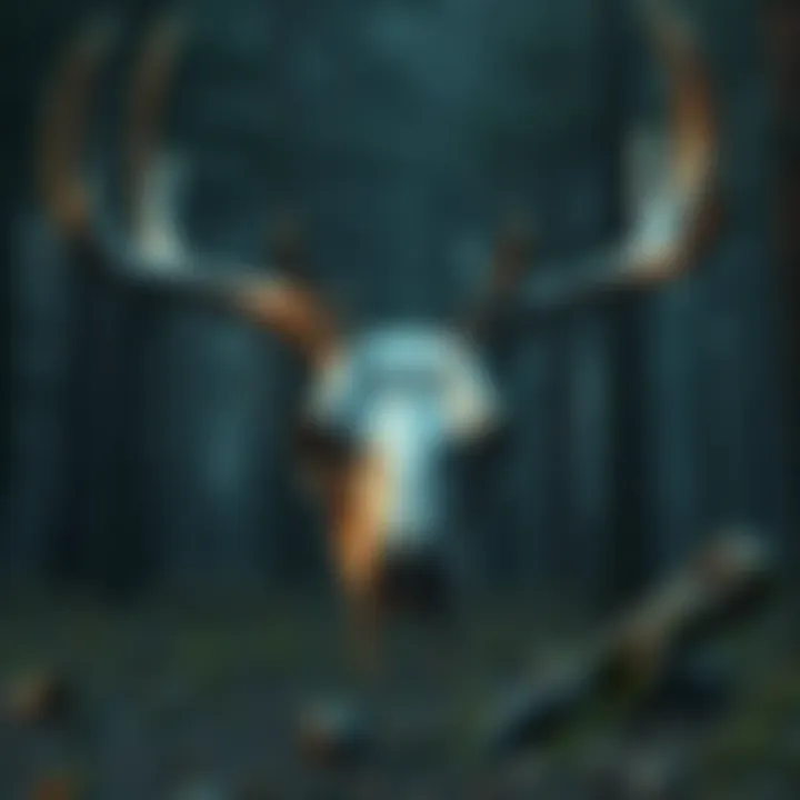 A deer skull with eerie features representing the Wendigo, surrounded by a dark forest setting.