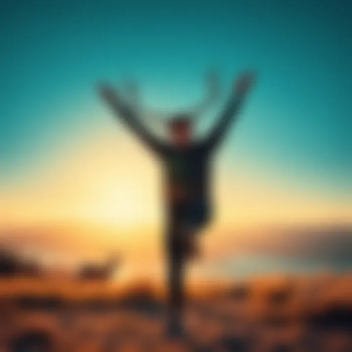 A person demonstrating the Deer exercise technique, showing flexibility and strength in a tranquil outdoor setting.