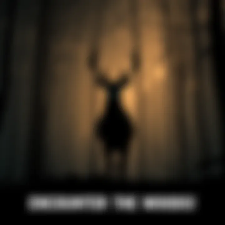 A shadowy, deer-like figure stands among trees in a dimly lit forest, creating an eerie atmosphere.