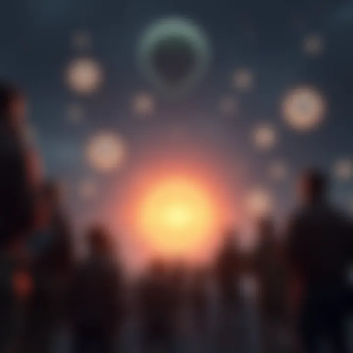 A group of people observing bright light orbs in the sky, preparing defensive measures against possible alien attacks.