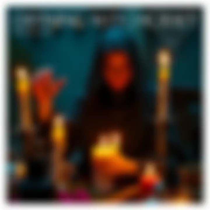 A person performing a ritual with candles and herbs, depicting a witchcraft theme.