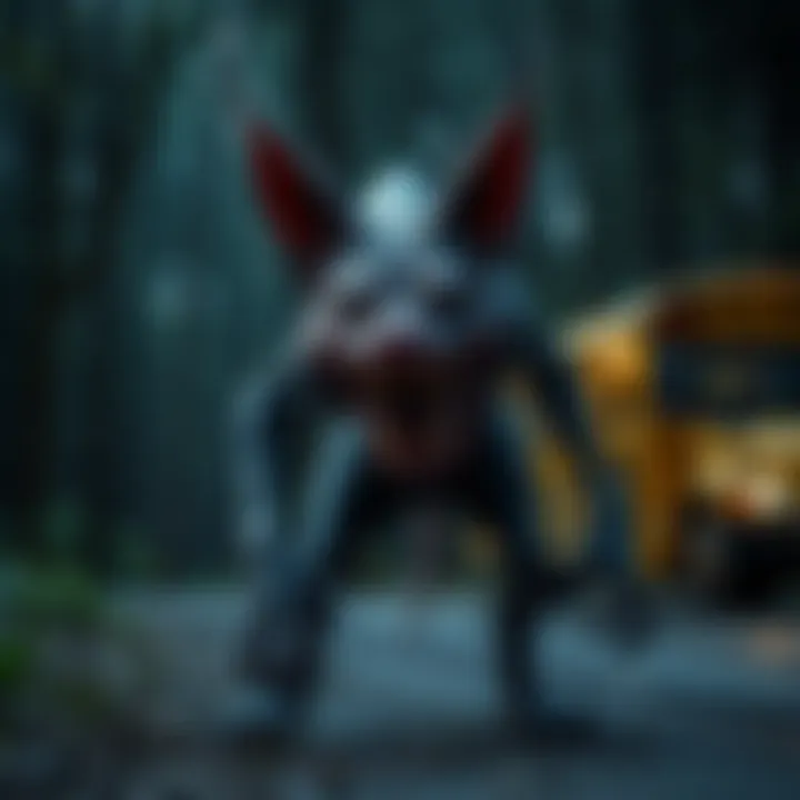 A twisted and strange animal lurking near a school bus stop in a dark forest setting