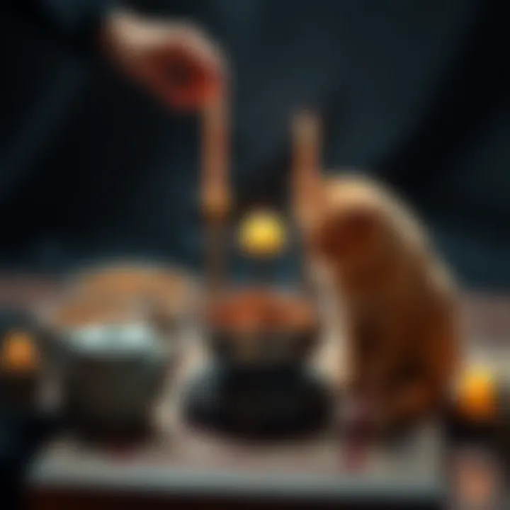 A person placing bowls of cat and dog food at a small altar with candles for Deipnon offerings, showing care for strays and honoring Hecate
