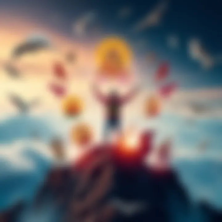 A person standing on a mountain peak with arms raised, surrounded by symbols of various deities, representing adventure and prosperity.