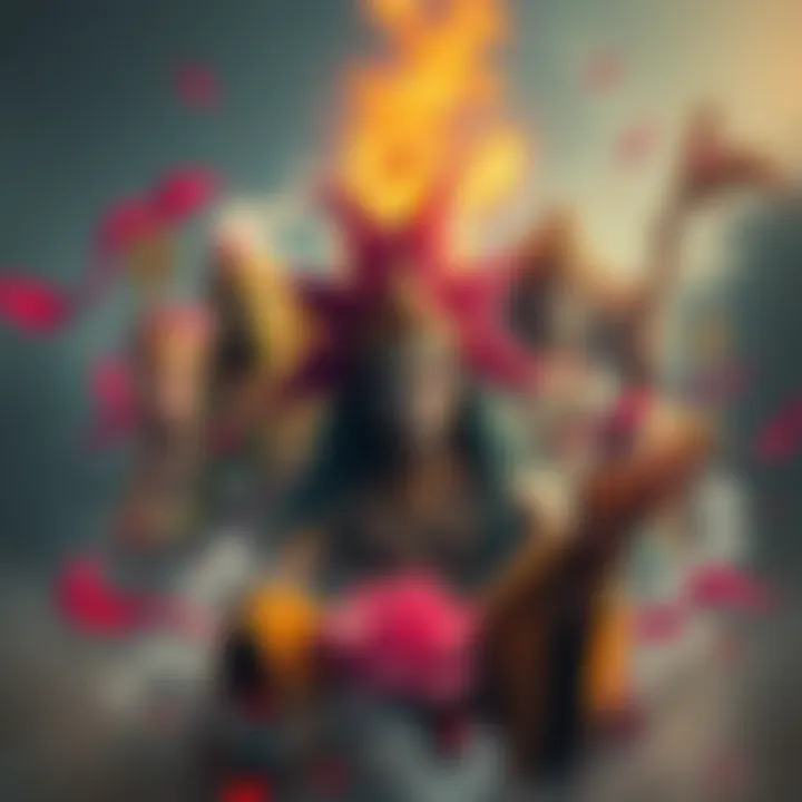 A colorful depiction of various deities symbolizing freedom and rebellion, surrounded by elements that express individuality and breaking social norms.