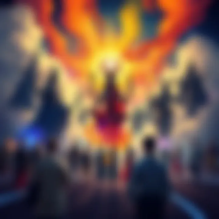 An illustration showing symbols associated with different deities, surrounded by people contemplating their choices.