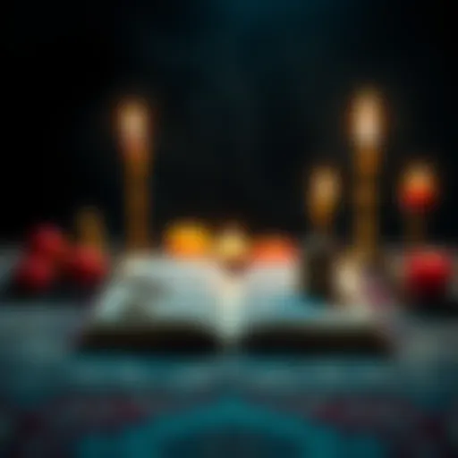 An open book with symbols and candles on a table, representing deity work guidance