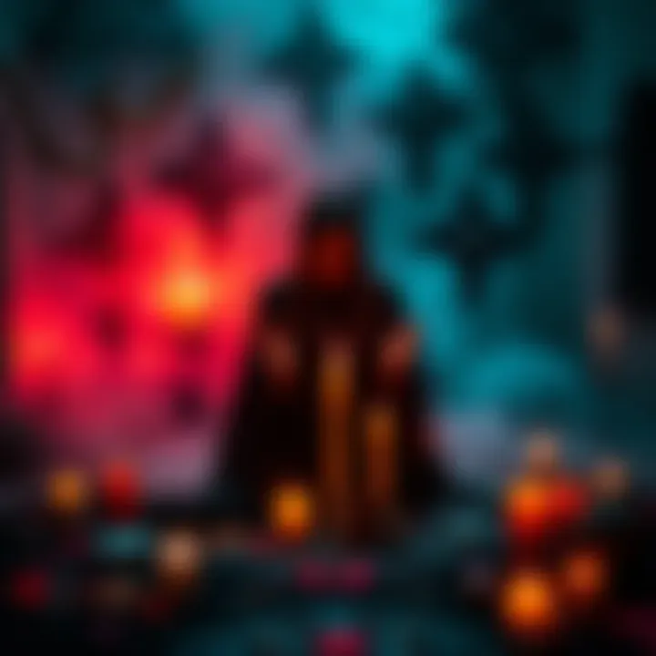 A person kneeling with candles and symbols representing deity worship and witchcraft, surrounded by vibrant colors and mystical elements.