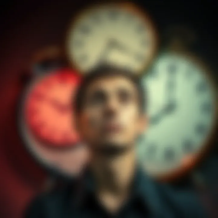A person looking puzzled while surrounded by overlapping clocks representing different times.