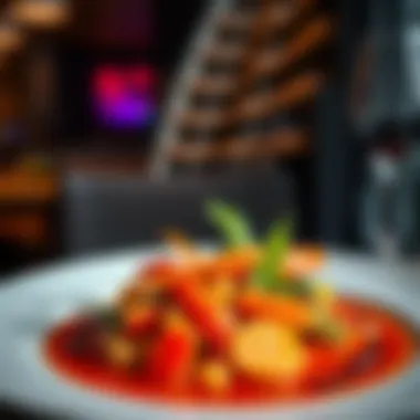 A beautifully plated dish featuring vibrant vegetables and a gourmet sauce, showcasing the quality of the restaurant's cuisine.