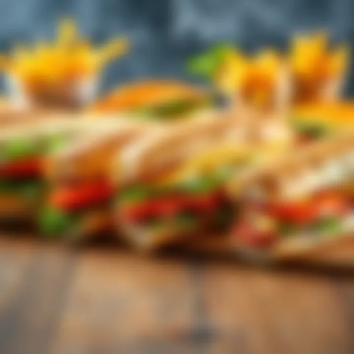 Variety of colorful sub sandwiches displayed on a wooden table