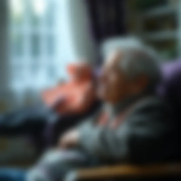 An elderly person sitting quietly, looking contemplative with a soft expression, symbolizing the complexity of actions and awareness in dementia.
