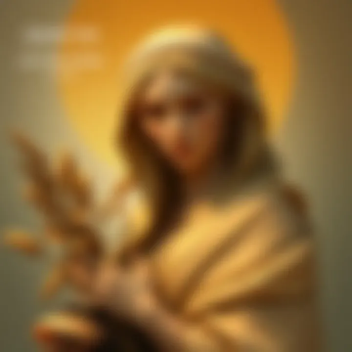 Demeter with Soft Curves A gentle depiction of the Greek goddess Demeter, showcasing her soft curves and warm colors, surrounded by elements that suggest fresh bread and rich soil.