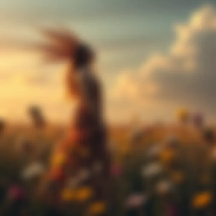 Demeter, a goddess, stands in a field filled with wilting flowers, looking sorrowful as she searches for her daughter Persephone, symbolizing her deep grief and longing.