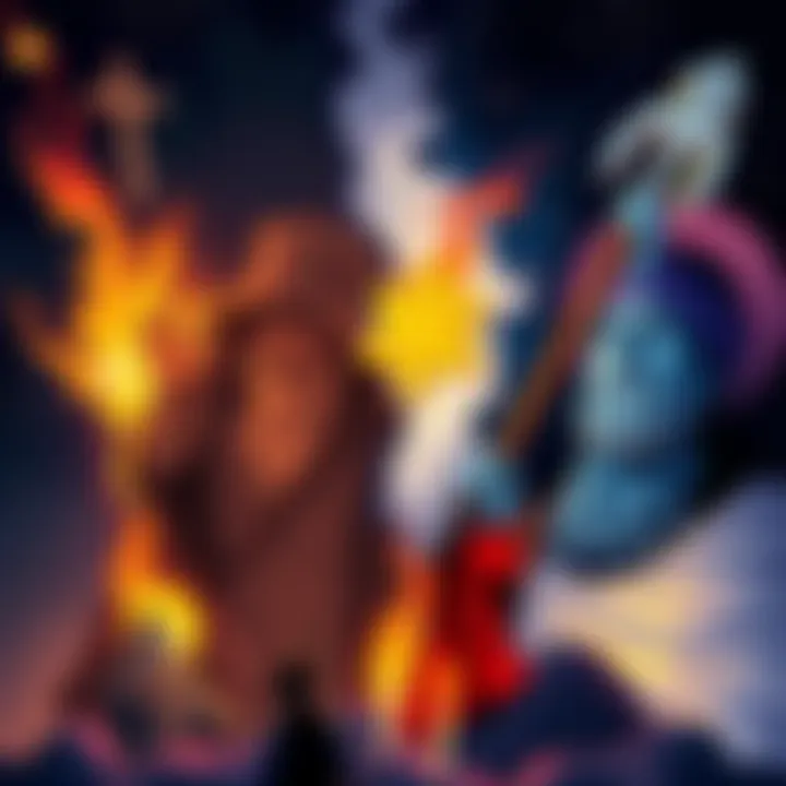 A split image showing the Demiurge depicted as a powerful but flawed figure on one side and the Hebrew God as a benevolent figure on the other, both surrounded by symbols of their respective beliefs.