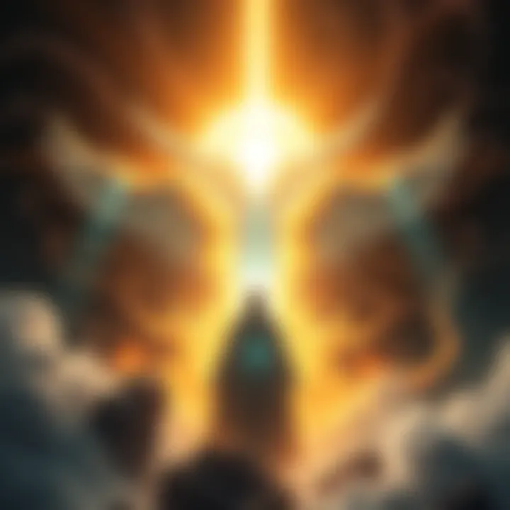 An artistic depiction of the Demiurge influencing creation, with a figure surrounded by light and cosmic elements, symbolizing thought and philosophy.