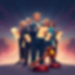 Illustration of Democrats standing united with legal documents and a gavel, symbolizing justice against Trump