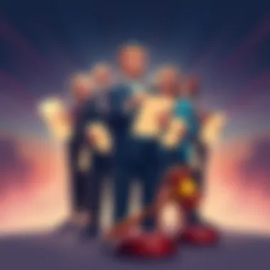 Illustration of Democrats standing united with legal documents and a gavel, symbolizing justice against Trump