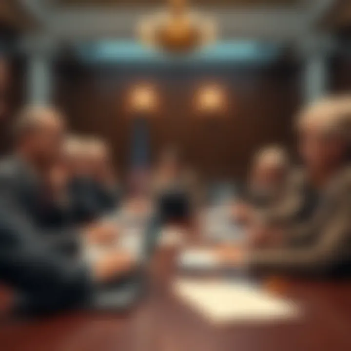 A group of Democratic lawmakers discussing during a meeting, with papers and a laptop on the table, showing signs of a controversial deal.