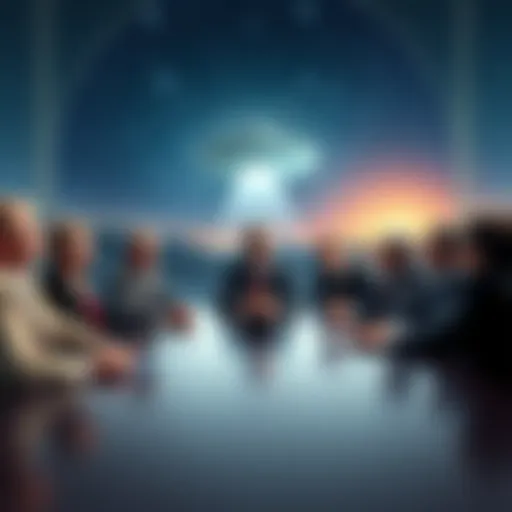Democrats Discuss UFO Policies A group of Democratic leaders in a meeting discussing strategies for addressing UFO sightings, with a backdrop of a night sky filled with stars and a UFO silhouette.