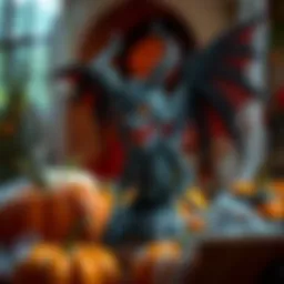 A spooky demon figure with glowing eyes and dark wings, set among Halloween decorations like pumpkins and cobwebs.