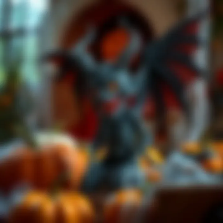 Demon Decoration for Halloween Party A spooky demon figure with glowing eyes and dark wings, set among Halloween decorations like pumpkins and cobwebs.