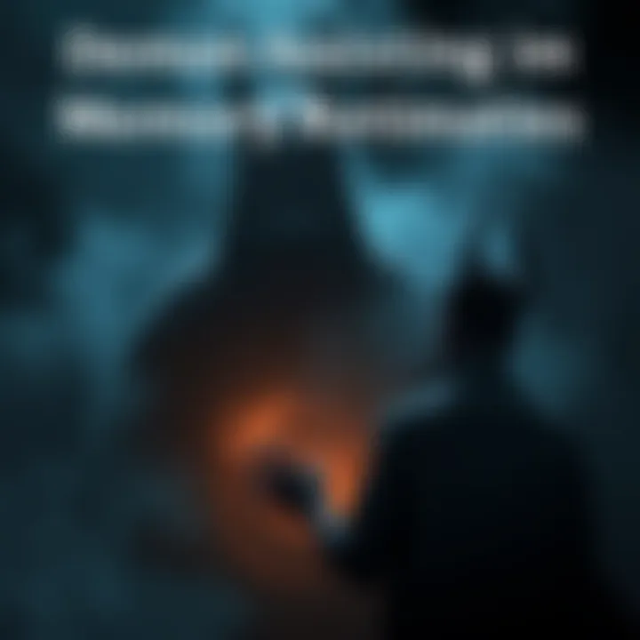 A shadowy figure representing a demon helps a person access blocked memories, surrounded by mist and faint glowing lights.