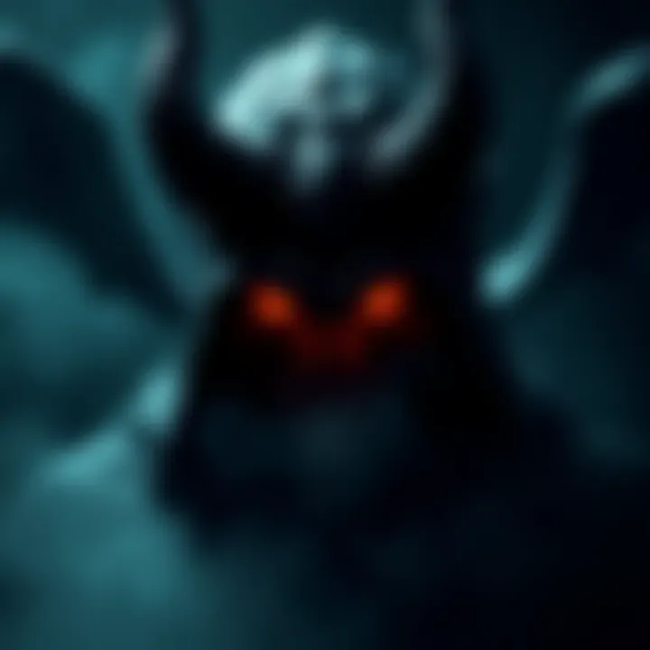 A shadowy silhouette of a demon with bright red eyes, surrounded by mist